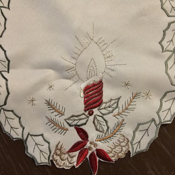 Holiday Fireplace Decor-Embroidered Poinsettias, Candles and Holly Berries 47x20 - Picture 4 of 8